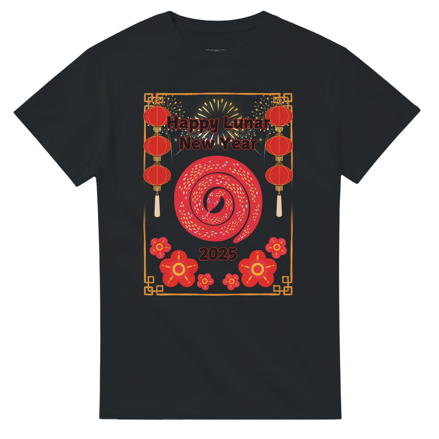 Unisex Lunar New Year 2025 T-Shirt featuring a vibrant red snake coiled in the center, surrounded by festive red lanterns, golden firework accents, and decorative red flowers. The text 'Happy Lunar New Year' is displayed boldly above, with '2025' at the bottom. A celebratory design symbolizing the Lunar New Year festivities, perfect for both men and women.