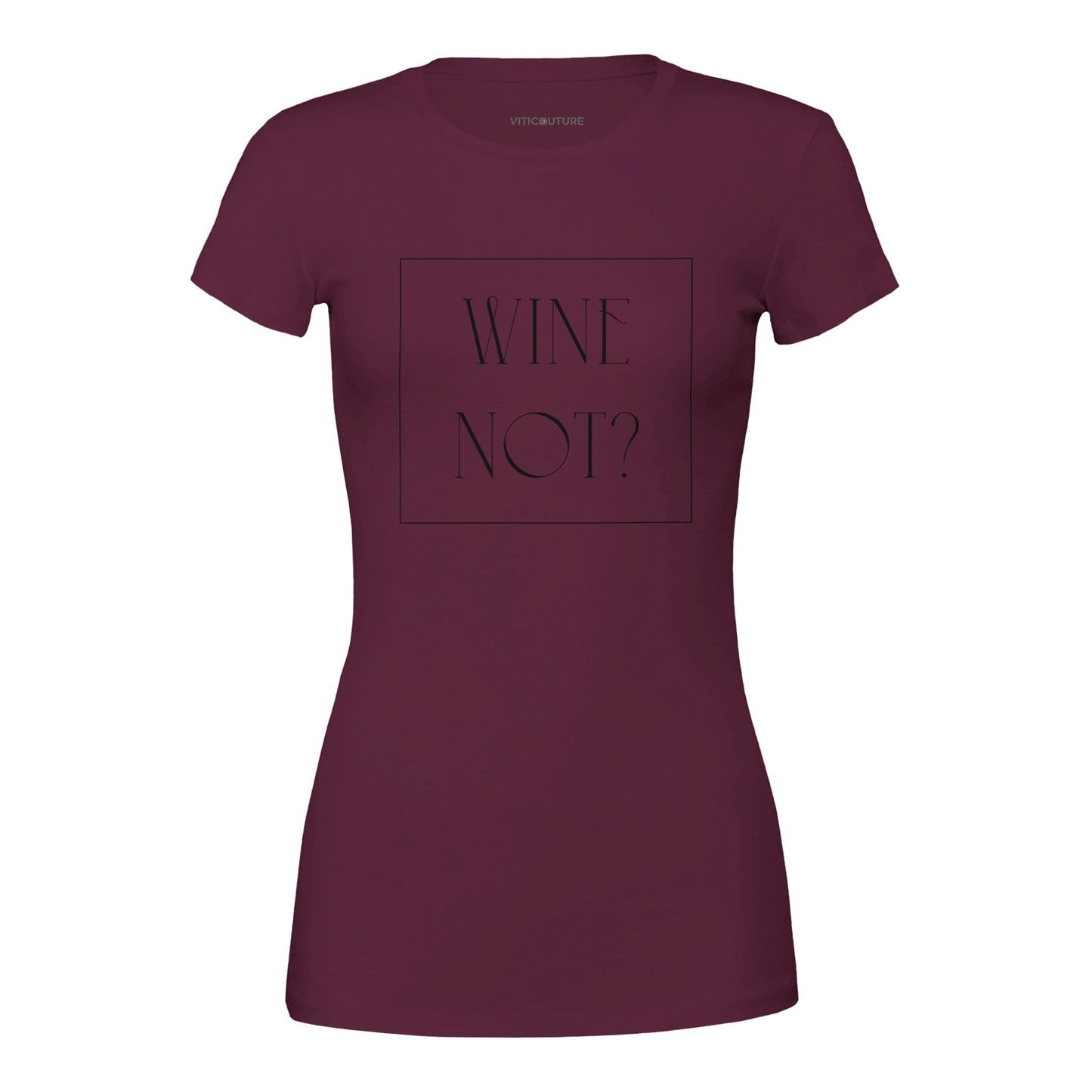 T-shirt with the phrase 'Wine Not?' in bold white lettering, perfect for wine lovers with a sense of humor.