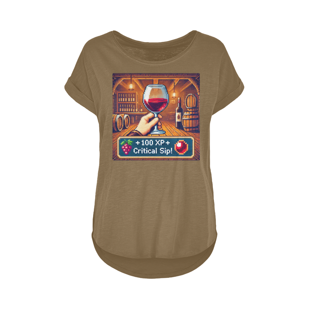 T-shirt featuring a pixel art wine glass in a rustic cellar with RPG-style text "+100 XP – Critical Sip!" A fun mix of gaming and wine culture.