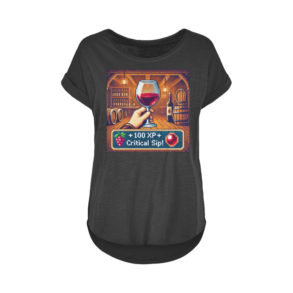 T-shirt featuring a pixel art wine glass in a rustic cellar with RPG-style text "+100 XP – Critical Sip!" A fun mix of gaming and wine culture.