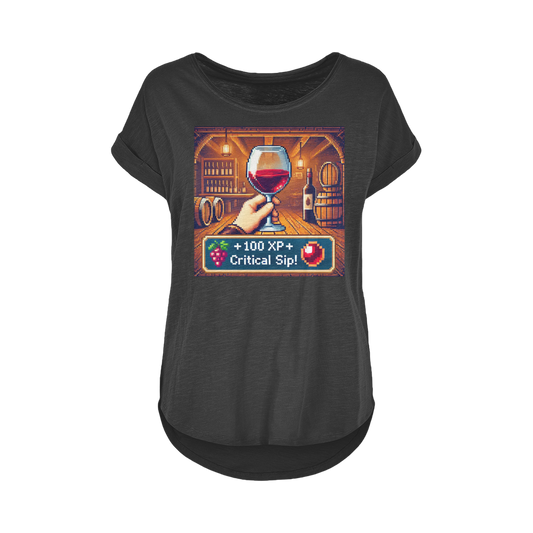 T-shirt featuring a pixel art wine glass in a rustic cellar with RPG-style text "+100 XP – Critical Sip!" A fun mix of gaming and wine culture.