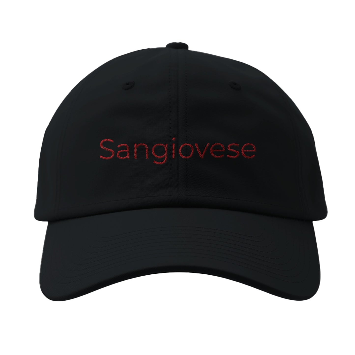 Black cap with 'Sangiovese' elegantly embroidered on the front, perfect for wine enthusiasts and casual style.