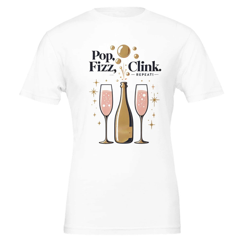 Trendy "Pop, Fizz, Clink, Repeat" champagne lover T-shirt with a festive and bubbly design. 