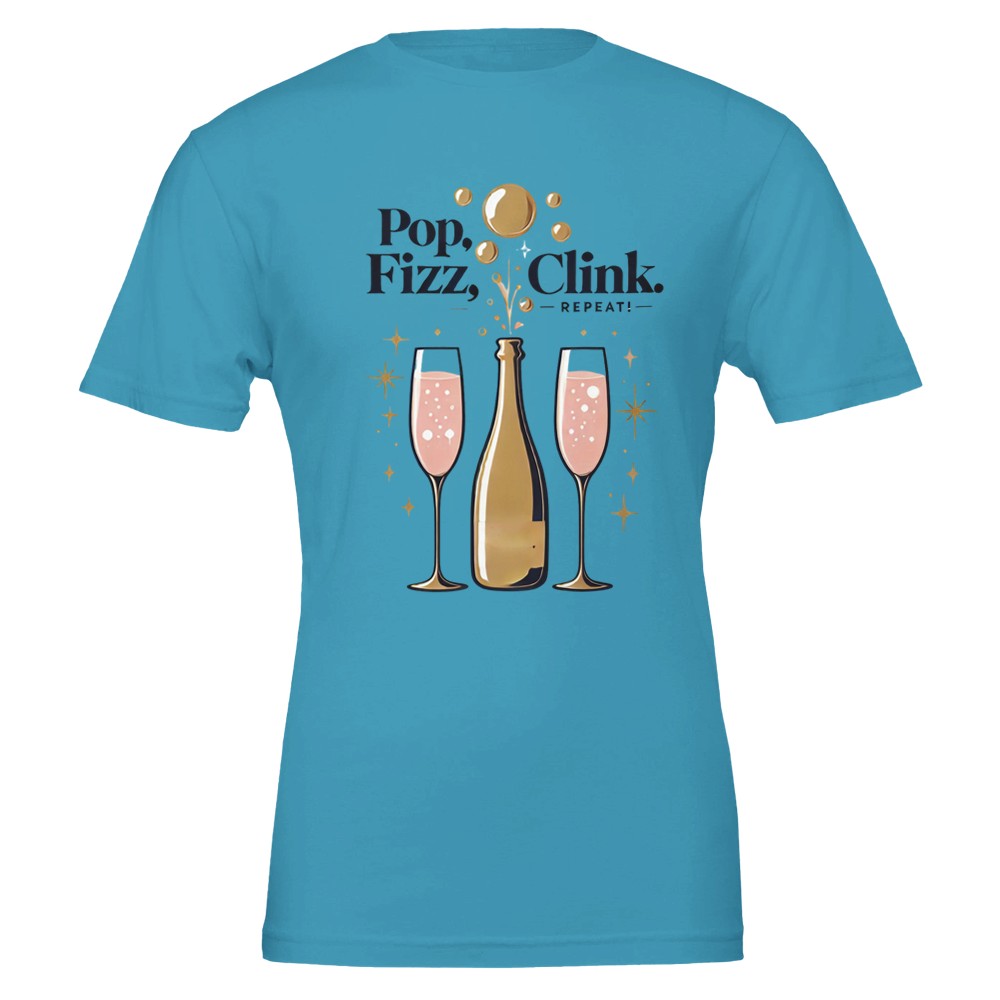 Trendy "Pop, Fizz, Clink, Repeat" champagne lover T-shirt with a festive and bubbly design. 