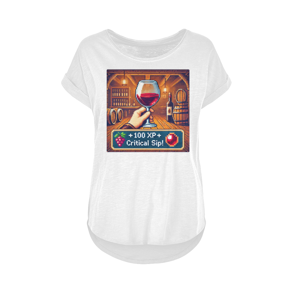 T-shirt featuring a pixel art wine glass in a rustic cellar with RPG-style text "+100 XP – Critical Sip!" A fun mix of gaming and wine culture.