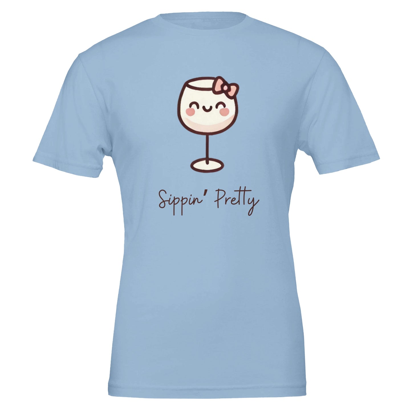 Cute blue T-shirt featuring a cartoon-style wine glass with a bow and the phrase "Sippin' Pretty" in playful font.