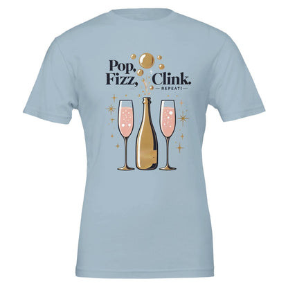 Trendy "Pop, Fizz, Clink, Repeat" champagne lover T-shirt with a festive and bubbly design. 