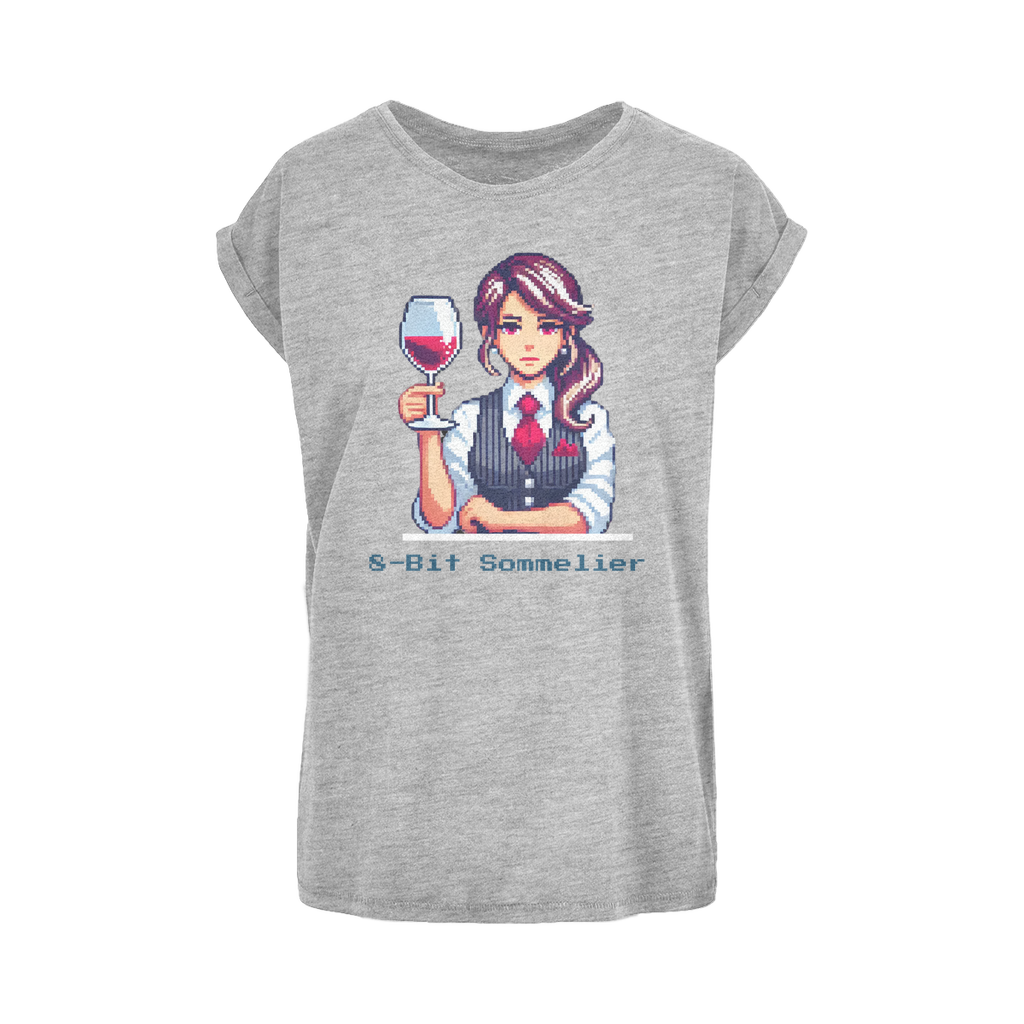 T-shirt featuring a pixel art sommelier holding a glass of red wine, with the text "8-Bit Sommelier" below. A stylish fusion of gaming and wine culture.