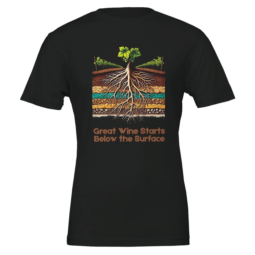 Black T-shirt with a colorful illustration of grapevine roots extending through various soil layers, accompanied by the phrase "Great Wine Starts Below the Surface", emphasizing the importance of terroir in winemaking.