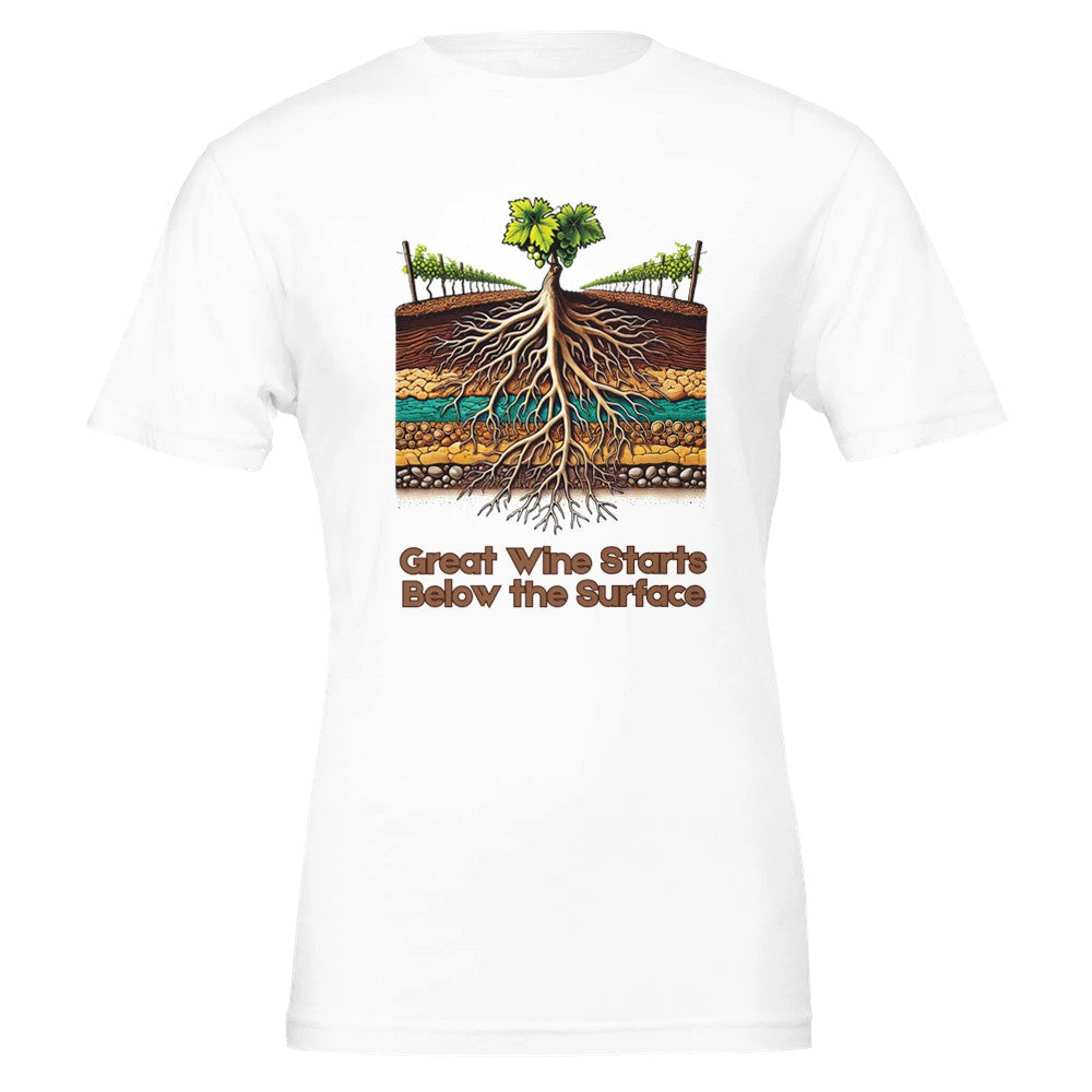 White T-shirt with a colorful illustration of grapevine roots extending through various soil layers, accompanied by the phrase "Great Wine Starts Below the Surface", emphasizing the importance of terroir in winemaking.