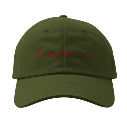 Green cap with 'Sangiovese' elegantly embroidered on the front, perfect for wine enthusiasts and casual style.