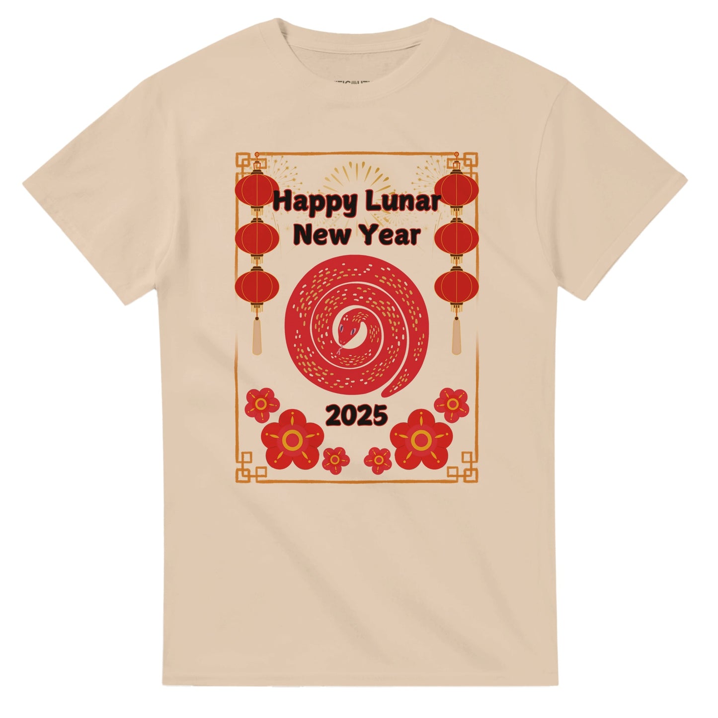 Unisex Lunar New Year 2025 T-Shirt featuring a vibrant red snake coiled in the center, surrounded by festive red lanterns, golden firework accents, and decorative red flowers. The text 'Happy Lunar New Year' is displayed boldly above, with '2025' at the bottom. A celebratory design symbolizing the Lunar New Year festivities, perfect for both men and women. Beige