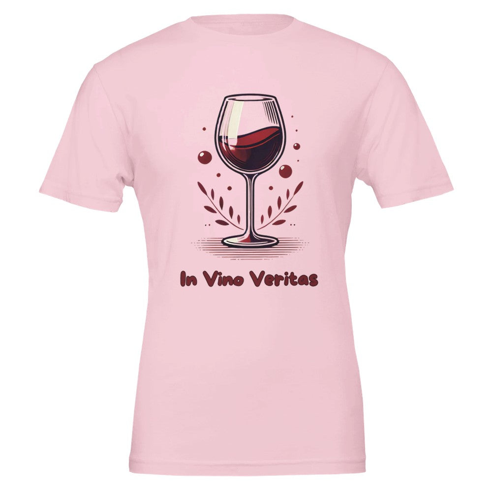 Classic pink "In Vino Veritas" wine lover T-shirt with a timeless design, perfect for wine enthusiasts.