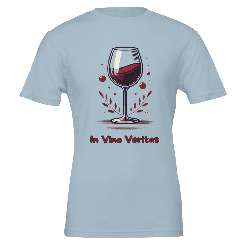 Classic light blue "In Vino Veritas" wine lover T-shirt with a timeless design, perfect for wine enthusiasts.