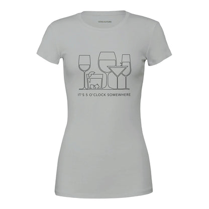 Gray t-shirt design featuring outlines of various drink glasses, including wine, cocktail, and rocks glasses, with the phrase 'It's 5 O'Clock Somewhere' below.