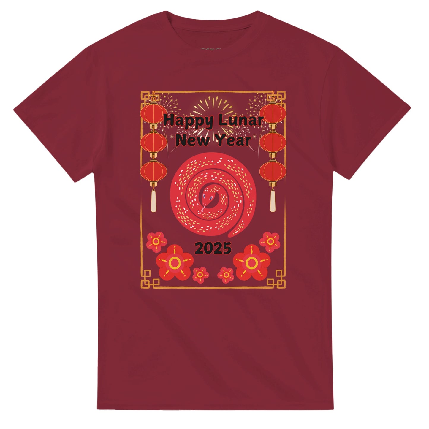 Unisex Lunar New Year 2025 T-Shirt featuring a vibrant red snake coiled in the center, surrounded by festive red lanterns, golden firework accents, and decorative red flowers. The text 'Happy Lunar New Year' is displayed boldly above, with '2025' at the bottom. A celebratory design symbolizing the Lunar New Year festivities, perfect for both men and women. Maroon