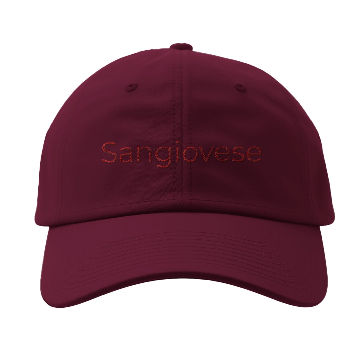 Maroon cap with 'Sangiovese' elegantly embroidered on the front, perfect for wine enthusiasts and casual style.