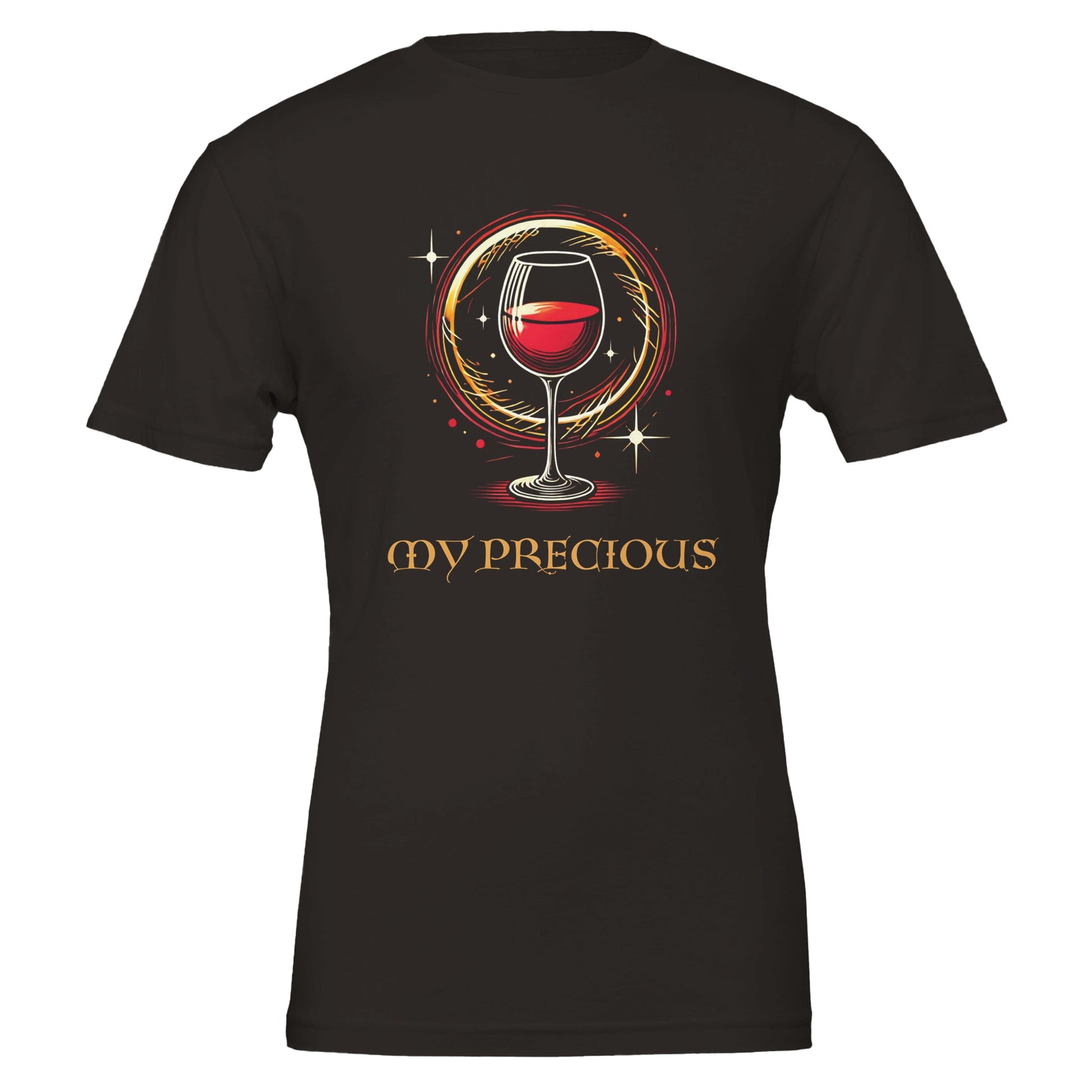 A black T-shirt featuring a Lord of the Rings-inspired design of a red wine glass inside a glowing golden ring, with the phrase "My Precious" in an elegant fantasy-style font.