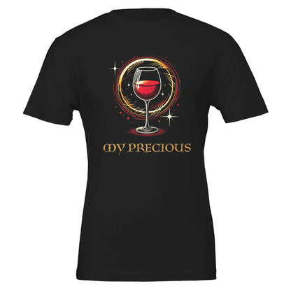 A black T-shirt featuring a Lord of the Rings-inspired design of a red wine glass inside a glowing golden ring, with the phrase "My Precious" in an elegant fantasy-style font.