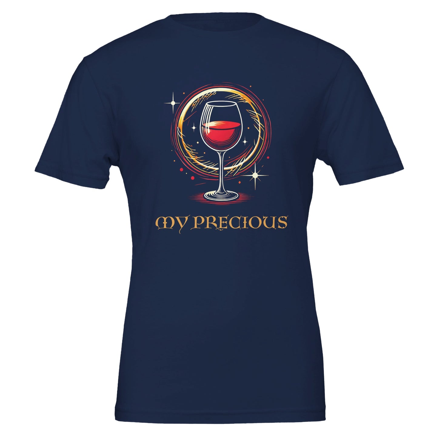 A navy blue T-shirt featuring a Lord of the Rings-inspired design of a red wine glass inside a glowing golden ring, with the phrase "My Precious" in an elegant fantasy-style font.