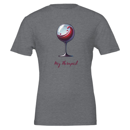 Gray T-shirt featuring a stylized illustration of a wine glass with swirling red wine and the phrase "My Therapist" in an elegant, playful font.