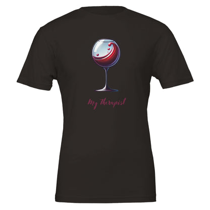 Black T-shirt featuring a stylized illustration of a wine glass with swirling red wine and the phrase "My Therapist" in an elegant, playful font.