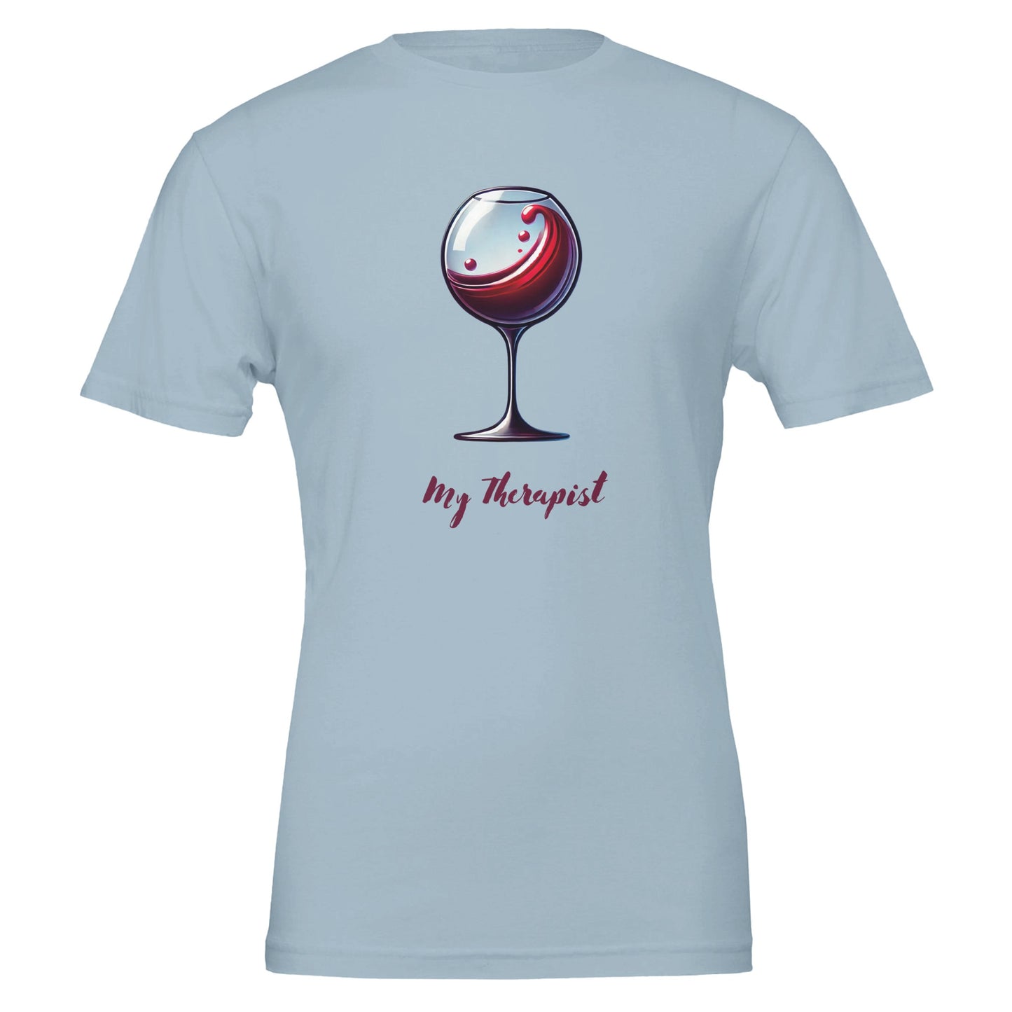 Light Blue T-shirt featuring a stylized illustration of a wine glass with swirling red wine and the phrase "My Therapist" in an elegant, playful font.