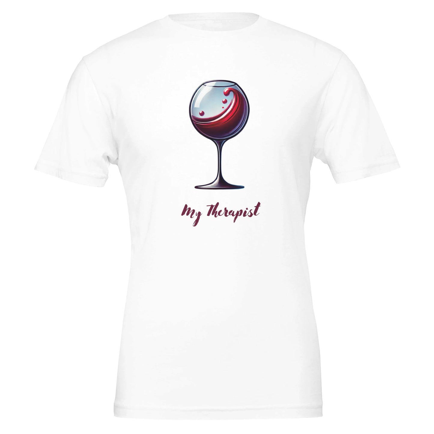 White T-shirt featuring a stylized illustration of a wine glass with swirling red wine and the phrase "My Therapist" in an elegant, playful font.