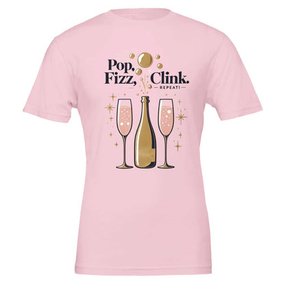 Trendy "Pop, Fizz, Clink, Repeat" champagne lover T-shirt with a festive and bubbly design. 