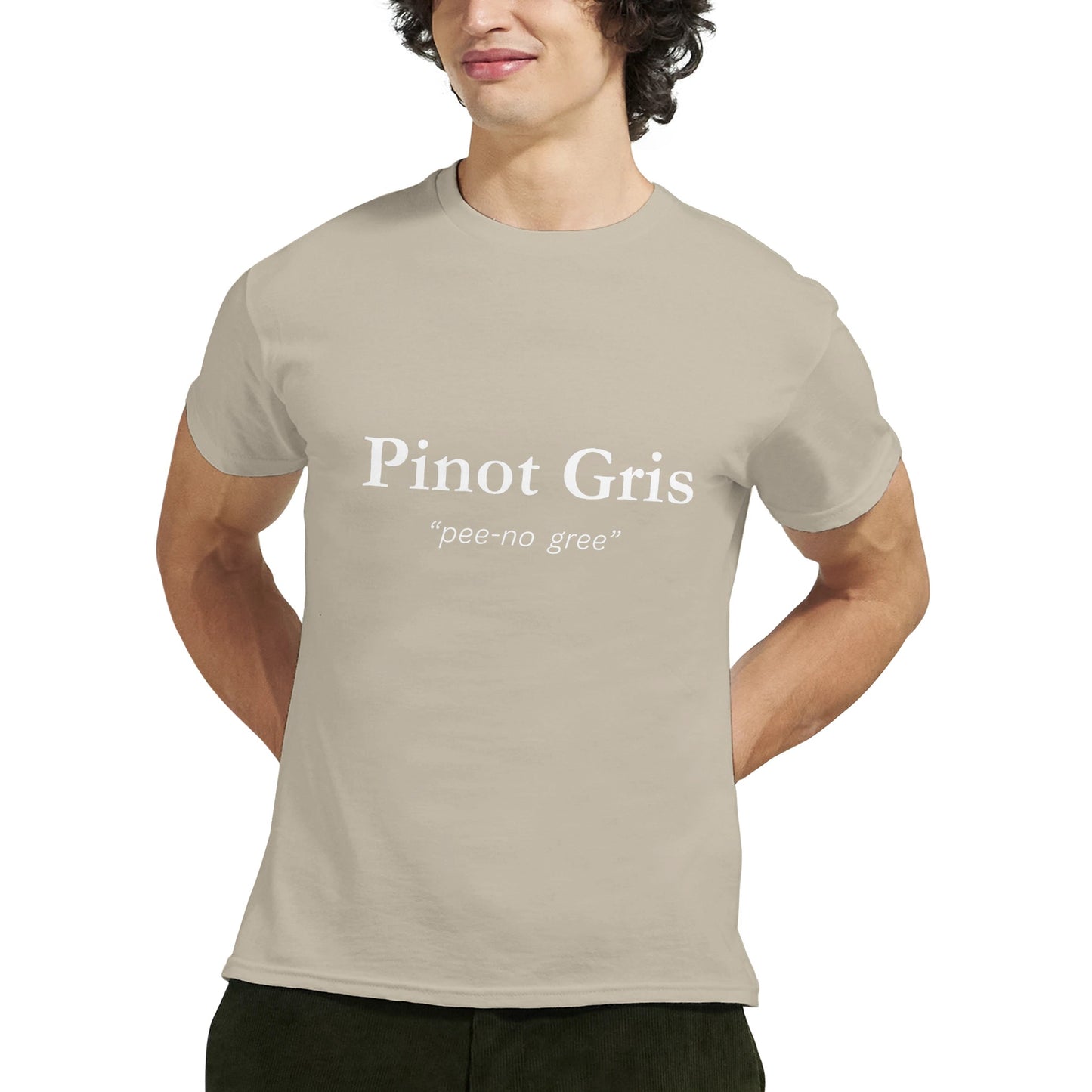 T-shirt design featuring the phrase 'Pinot Gris' in bold white font with its phonetic pronunciation 'pee-no gree' elegantly displayed beneath.