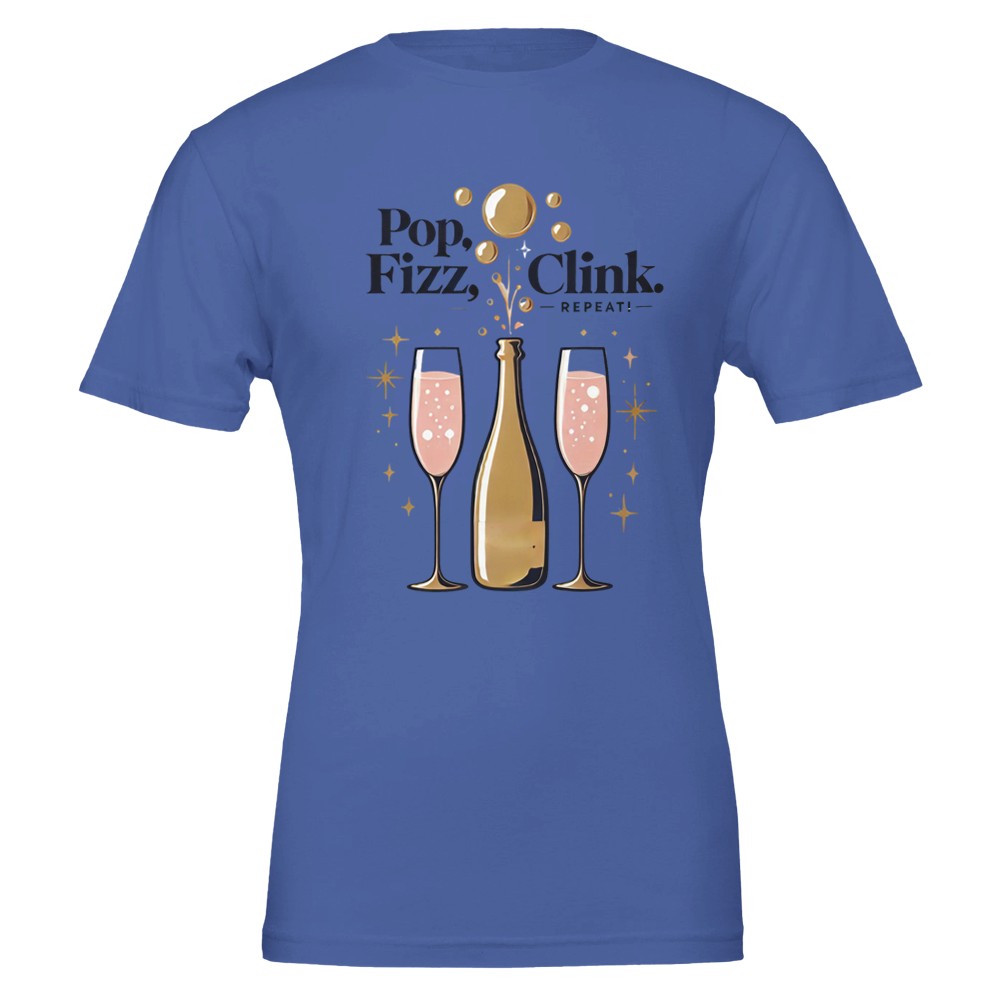 Trendy "Pop, Fizz, Clink, Repeat" champagne lover T-shirt with a festive and bubbly design. 