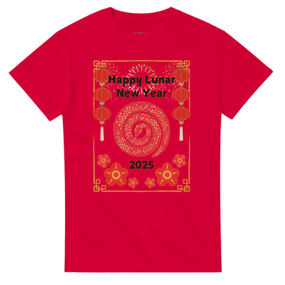 Unisex Lunar New Year 2025 T-Shirt featuring a vibrant red snake coiled in the center, surrounded by festive red lanterns, golden firework accents, and decorative red flowers. The text 'Happy Lunar New Year' is displayed boldly above, with '2025' at the bottom. A celebratory design symbolizing the Lunar New Year festivities, perfect for both men and women. Red.