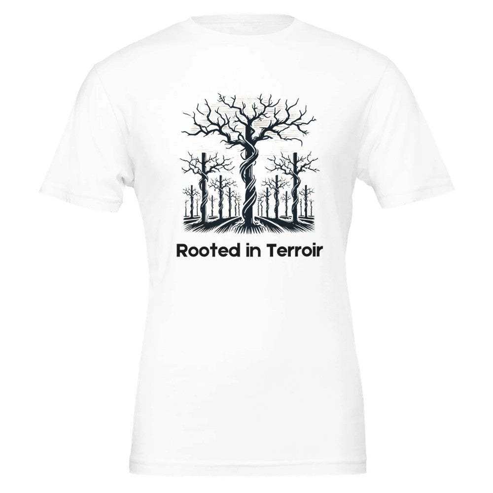 White T-shirt featuring a black silhouette of dormant grapevines with deep roots and the phrase "Rooted in Terroir", symbolizing the importance of soil and terroir in viticulture.