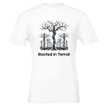 White T-shirt featuring a black silhouette of dormant grapevines with deep roots and the phrase "Rooted in Terroir", symbolizing the importance of soil and terroir in viticulture.