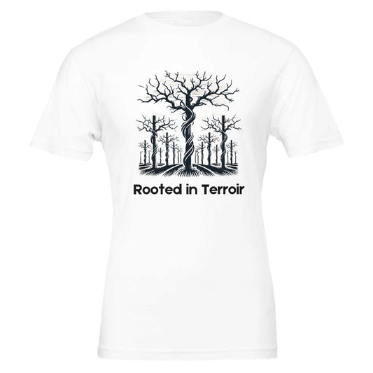 White T-shirt featuring a black silhouette of dormant grapevines with deep roots and the phrase "Rooted in Terroir", symbolizing the importance of soil and terroir in viticulture.