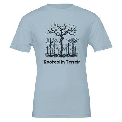 Light Blue T-shirt featuring a black silhouette of dormant grapevines with deep roots and the phrase "Rooted in Terroir", symbolizing the importance of soil and terroir in viticulture.