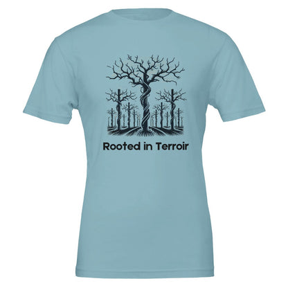 T-shirt featuring a black silhouette of dormant grapevines with deep roots and the phrase "Rooted in Terroir", symbolizing the importance of soil and terroir in viticulture.