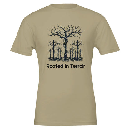 Tan T-shirt featuring a black silhouette of dormant grapevines with deep roots and the phrase "Rooted in Terroir", symbolizing the importance of soil and terroir in viticulture.