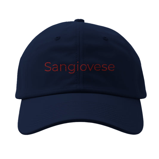 Navy cap with 'Sangiovese' elegantly embroidered on the front, perfect for wine enthusiasts and casual style.