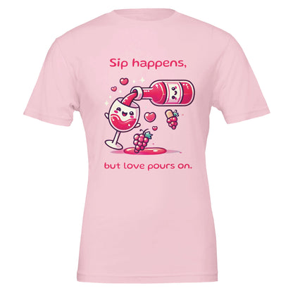 Playful wine-themed T-shirt featuring a spilled wine glass with heart accents and the phrase "Sip Happens, But Love Pours On" in fun, stylish typography. Perfect for wine lovers with a sense of humor.