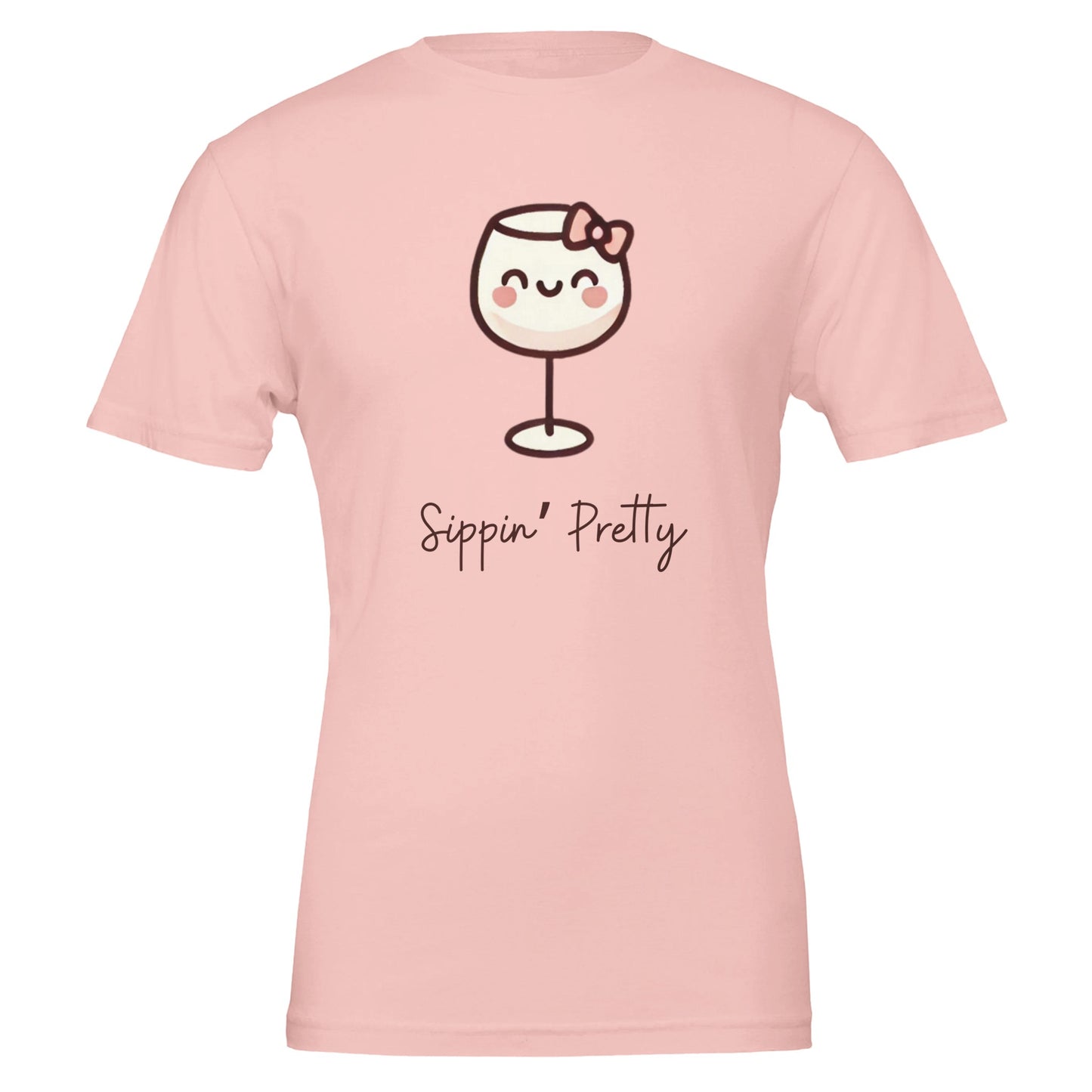 Cute pink T-shirt featuring a cartoon-style wine glass with a bow and the phrase "Sippin' Pretty" in playful font.