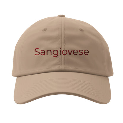 Tan cap with 'Sangiovese' elegantly embroidered on the front, perfect for wine enthusiasts and casual style.