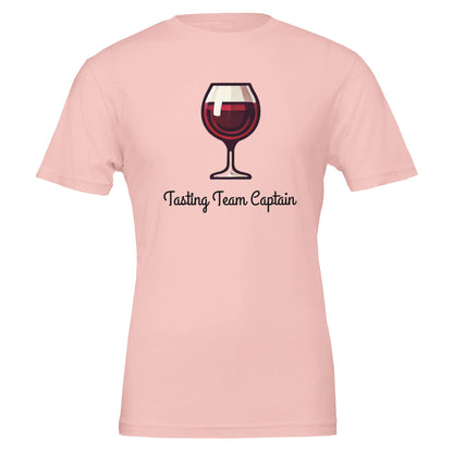 Light Pink T-shirt featuring a cartoon-style red wine glass with the phrase "Tasting Team Captain" in an elegant script font.