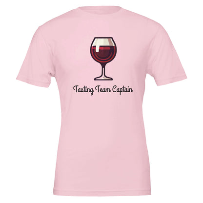 Pink T-shirt featuring a cartoon-style red wine glass with the phrase "Tasting Team Captain" in an elegant script font.