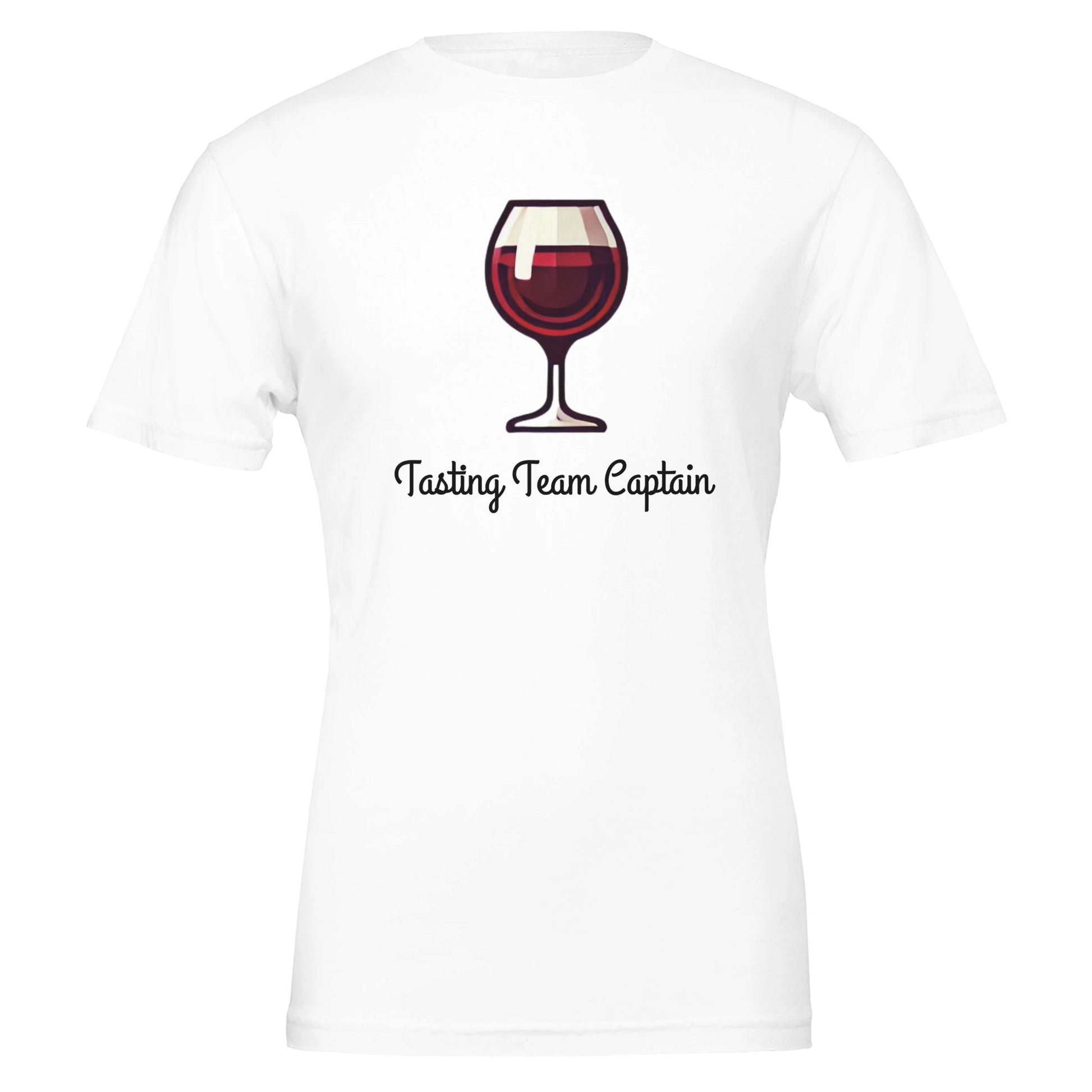 White T-shirt featuring a cartoon-style red wine glass with the phrase "Tasting Team Captain" in an elegant script font.