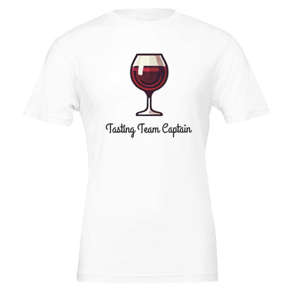 White T-shirt featuring a cartoon-style red wine glass with the phrase "Tasting Team Captain" in an elegant script font.