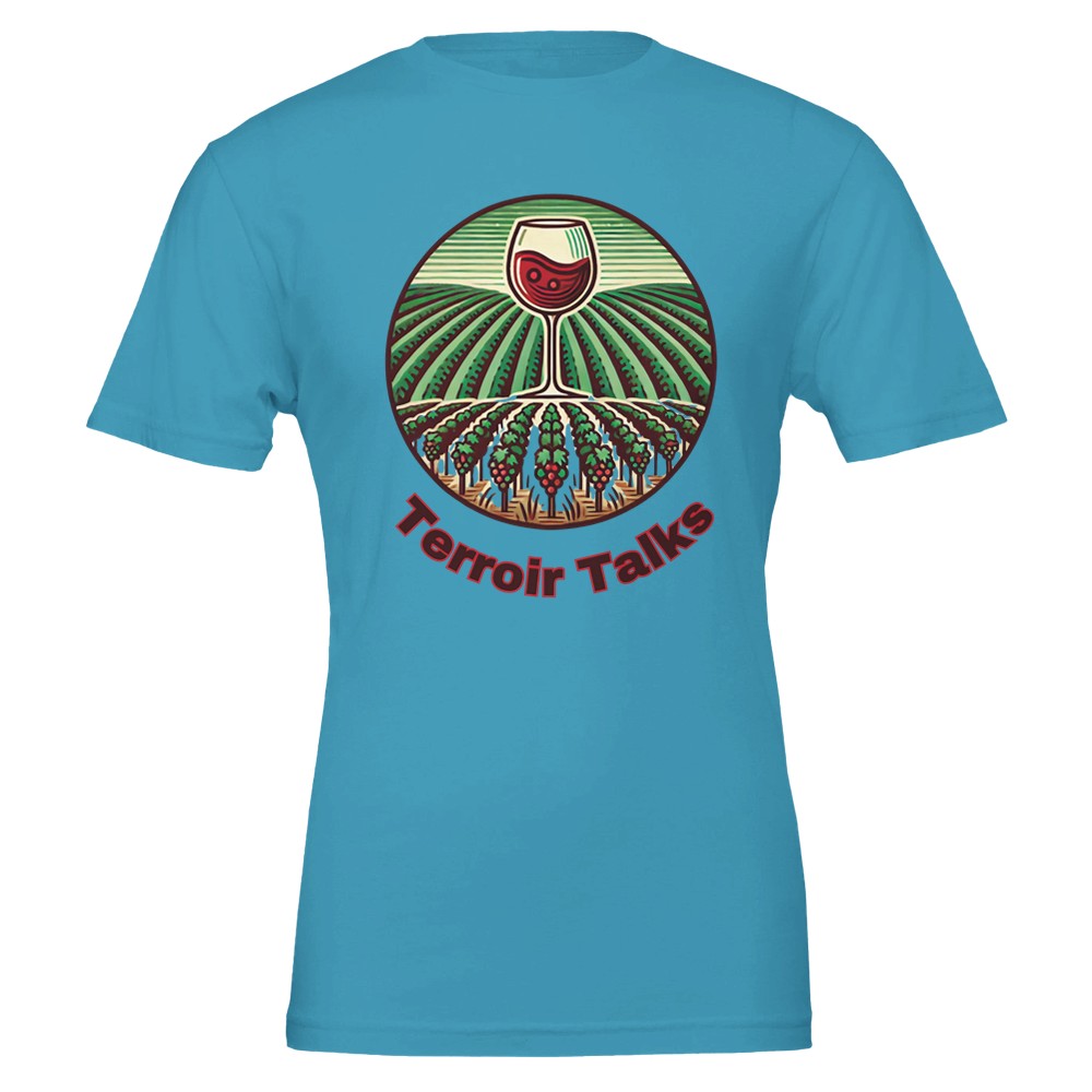 Elegant "Terroir Talks" wine lover T-shirt celebrating the influence of terroir on wine, perfect for vineyard enthusiasts.