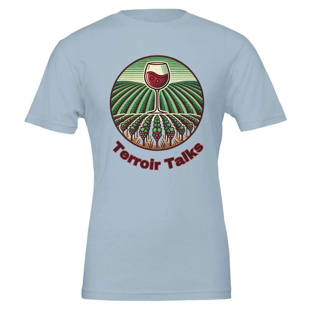 Elegant "Terroir Talks" wine lover T-shirt celebrating the influence of terroir on wine, perfect for vineyard enthusiasts.