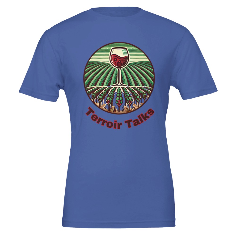 Elegant "Terroir Talks" wine lover T-shirt celebrating the influence of terroir on wine, perfect for vineyard enthusiasts.