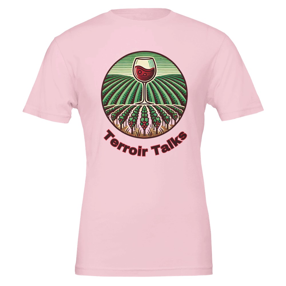 Elegant "Terroir Talks" wine lover T-shirt celebrating the influence of terroir on wine, perfect for vineyard enthusiasts.